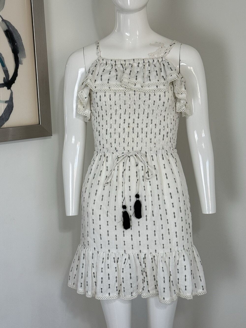 Lost + Wander Womens Size S White Boho Smocked Mini Dress Spaghetti Strap Tassel